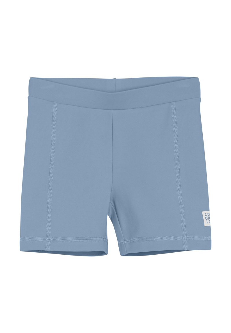 Ljusblå badbyxor med en slät, elastisk textur, platta sömmar och en logotyp på nedre högra sidan. Designade för komfort och hållbarhet.