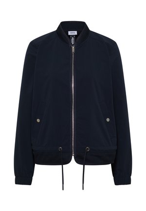 Blouson aviateur bleu marine avec fermeture éclair à l'avant, poignets élastiques, deux poches à boutons-pression et cordons de serrage ajustables à l'ourlet.