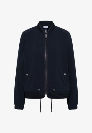 Blouson aviateur bleu marine avec fermeture éclair à l'avant, poignets élastiques, deux poches à boutons-pression et cordons de serrage ajustables à l'ourlet.