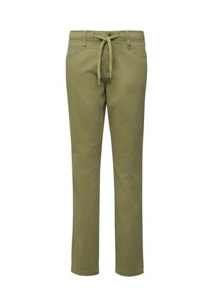 Olijfgroene pantalons met rechte pijpen, voorzien van steekzakken aan de voorkant, lussen voor een riem, knoop- en ritssluiting, en een bijpassende stoffen trekkoord in de taille.
