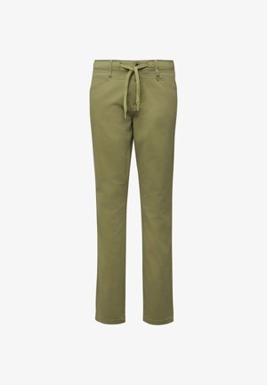 Olijfgroene pantalons met rechte pijpen, voorzien van steekzakken aan de voorkant, lussen voor een riem, knoop- en ritssluiting, en een bijpassende stoffen trekkoord in de taille.
