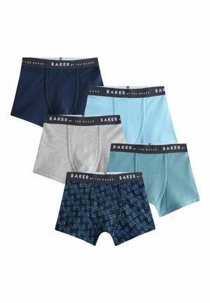 Five pairs of men's boxer briefs in navy, light blue, grey, teal, and patterned blue with black waistbands labeled "Baker by Ted Baker."