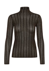 Svart rullhalsad tröja med långa ärmar och vertikala metalliska silver- och kopparränder i ett ribbat stickat mönster.