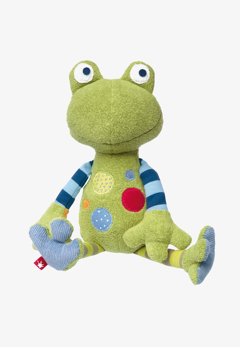 Green plush frog with a round head. Textured fabric, striped arms. Polka dots in red, blue, yellow on body. Blue and green striped legs.
