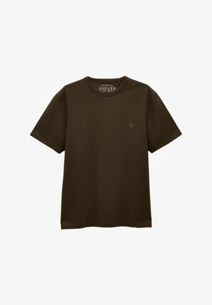 Hnědá bavlněná tričko s krátkými rukávy, kulatým výstřihem a malým vyšitým logem na prsou. Hladká textura a volný střih.