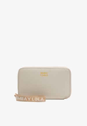 Beige leather wallet with a zip closure, featuring "Bimba y Lola" logo in gold and a textured fabric strap with logo accents.