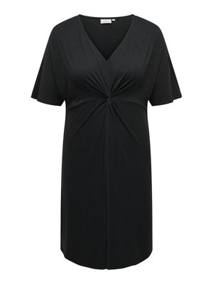 Black short-sleeve dress with a V-neck and twisted front detail. Made of soft, stretchy fabric with a smooth texture.