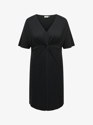 Black short-sleeve dress with a V-neck and twisted front detail. Made of soft, stretchy fabric with a smooth texture.