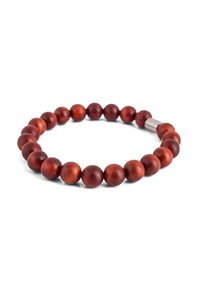 Bratara din mărgele de lemn cu mărgele rotunde de culoare maro-roșiatic; textură netedă și dimensiune consistentă. Dispune de un închizător metalic pentru o prindere sigură.