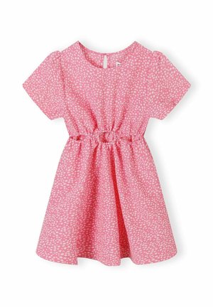 Pink kortærmet kjole med hvidt lille blomsterprint, elastisk talje og rund halsudskæring med nøglehulsknaplukning bagpå.