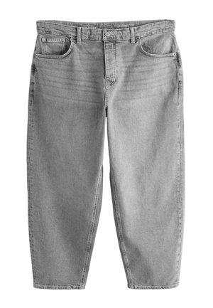 Graue Denim-Jeans im Barrel Fit mit Frontknopf, Reißverschluss und fünf Taschen, darunter eine Münztasche auf der rechten Seite.