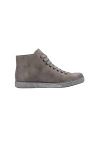 Mid-top grey suede sneaker with rounded toe, lace-up front, textured rubber sole, and grey stitching details along the sides.