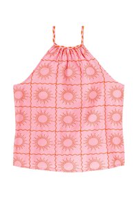 Haut sans manches rose avec un col froncé, présentant un motif de soleil orange sur un tissu texturé. Fines bretelles avec un détail tressé.