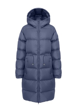Dlouhá nadýchaná prošívaná tmavě modrá bunda s kapucí, předním zipem, dvěma velkými kapsami a nastavitelnými šňůrkami v pase a na rukávech.