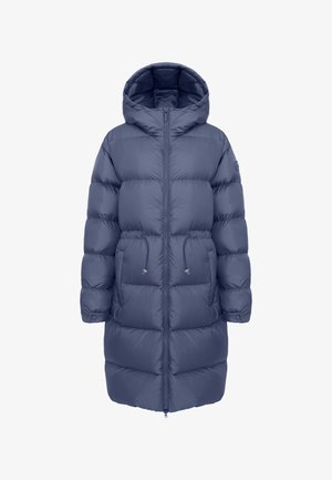 Lang, puffet mørkeblå dunjakke med hætte, lynlås foran, to store lommer og justerbare snoretræk i taljen og ved manchetterne.