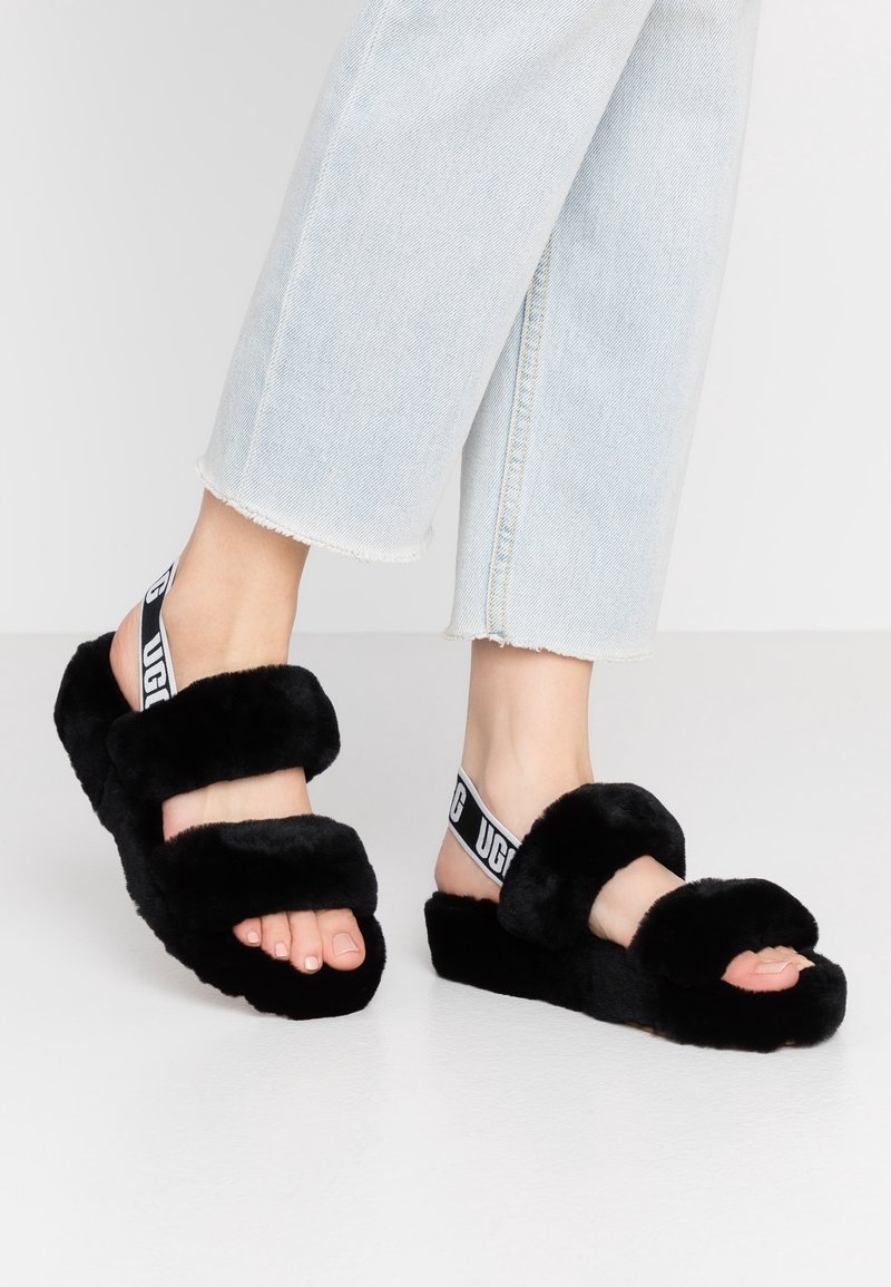 Pieds chaussés de sandales UGG noires en peluche avec de larges brides et des brides élastiques de talon avec logo, associées à un jean court bleu clair.