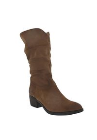 Bruine suede kniehoge laars met een slouchy ontwerp, ronde neus en een lage gestapelde hak, met minimale stiksels en een gladde textuur.