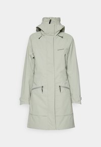 Lys grå, værbestandig jakke til knelengde med høy krage, to glidelåslommer, justerbare mansjetter og merkenavn på brystet.