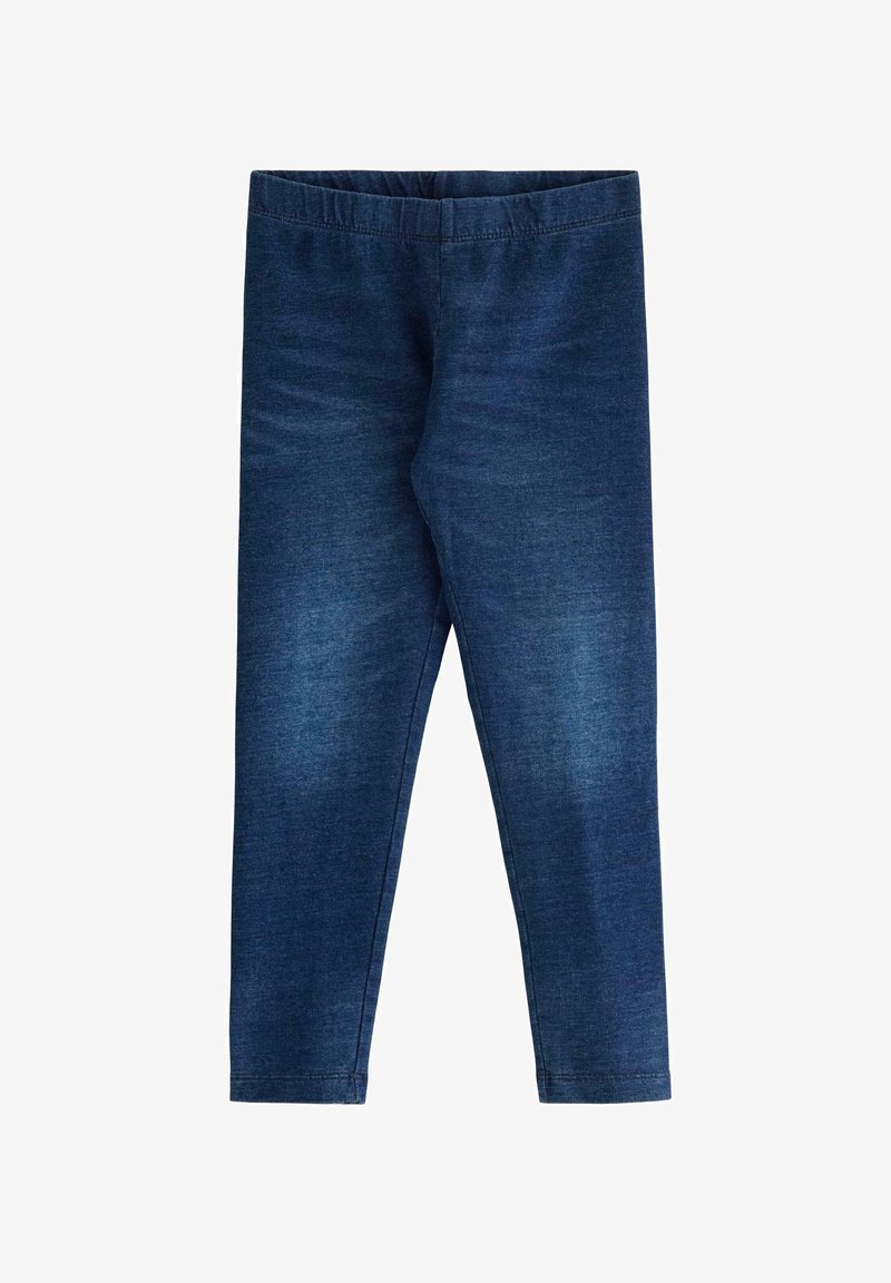 Legging gemaakt van donkerblauwe denimstof, met een elastische tailleband en een slanke pasvorm. Geen zichtbare patronen of hardware-details.