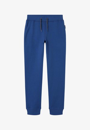 Blå joggingbukser med elastisk linning, sorte snore, sidelommer og ribkant ved anklerne.