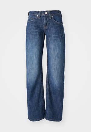 Dark blue denim jeans with a straight-leg design, featuring five pockets and a button front closure. Subtle fading along the thighs.
