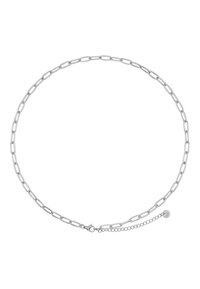 Collana in argento con maglie allungate, chiusura a moschettone e un'estensione regolabile con un piccolo dettaglio a forma di perla rotonda.