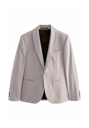 Veste de costume gris clair en tissu lisse, avec un revers cranté, fermeture à un bouton et deux poches avant. Doublure intérieure douce.