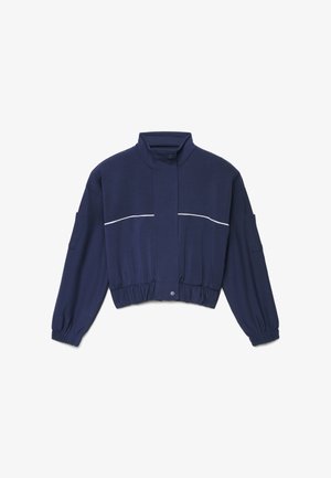 Navy blue cropped jacket with high collar, front snap closure, elastic hem and cuffs, long sleeves, and thin white horizontal stripe across chest.