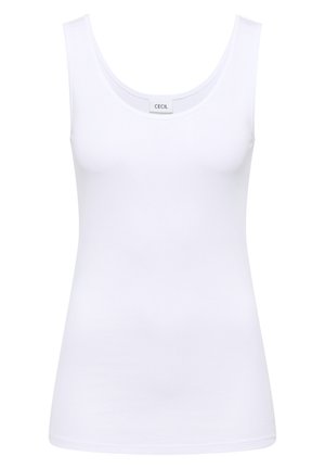 Weißes ärmelloses Damen-Top mit rundem Ausschnitt und tailliertem Design, mit einem kleinen inneren Markenetikett "CECIL" am Kragen.