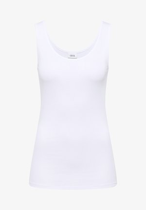 Weißes ärmelloses Damen-Top mit rundem Ausschnitt und tailliertem Design, mit einem kleinen inneren Markenetikett "CECIL" am Kragen.