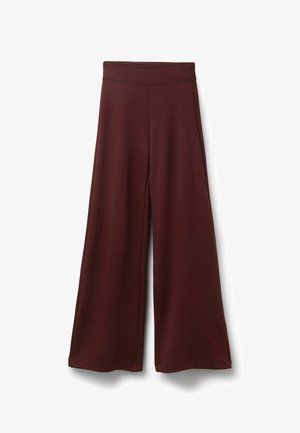 Burgundy wide-leg trousers with a smooth texture and a fitted waistband. Features a loose, flowing silhouette and clean, stitched hem.