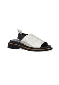 Sølv læder slingback sandal med åben tå, sort sål og dekorative perledetaljer langs bunden. Blød struktureret overdel.