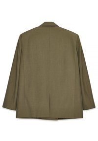 Oliivroheline ülikondpintsak, millel on nurgeline krae, tagumine lõhik ja sile kangas. Omab pikki varrukaid ja struktureeritud kujundust.