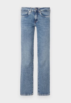 Light blue denim jeans, straight-leg design, five-pocket style, button and zipper fly, with subtle fading and a clean hem.