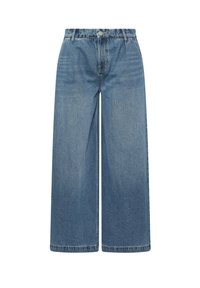Denimowe jeansy o szerokich nogawkach w jasnoniebieskim kolorze. Wykonane z bawełny, z zapięciem na guzik i tradycyjnym pięciopakowym designem. Gładka faktura, prosta krawędź.