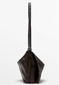 Dark brown leather wristlet bag with a slim strap and metal buckle, shown hanging sideways against a plain light background.