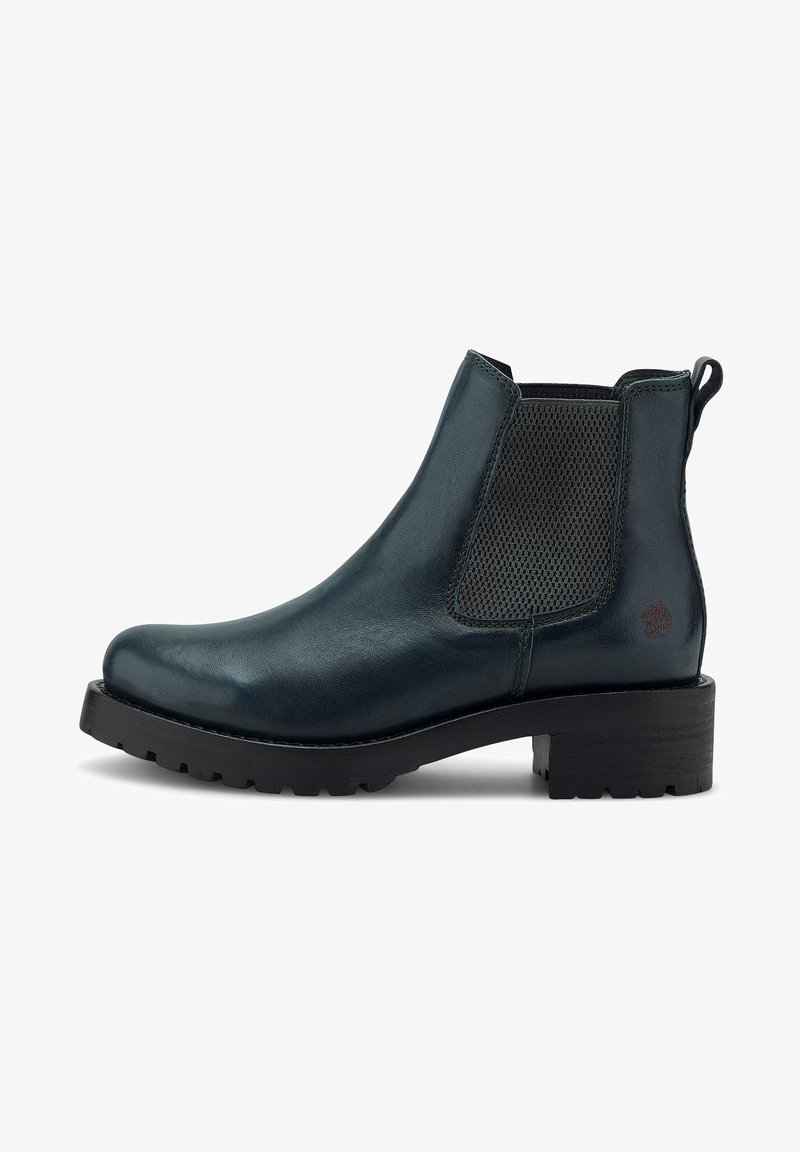 Dunkelblaue Leder-Chelsea-Boots mit elastischen Seitenpaneelen, einer strukturierten Oberfläche, einer Zuglasche und einer dicke, robusten schwarzen Gummisohle.