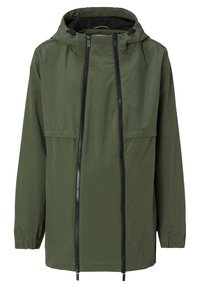 Olivgrön jacka med huva, som har en framdragskedja, två horisontella fickor, elastiska ärmslut och en lös passform.