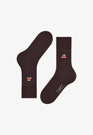 Calze marroni con ricamo di un'auto rossa e di un albero di Natale. Realizzate in materiale morbido, presentano un bordo a costine e un dettaglio con logo sulla suola.