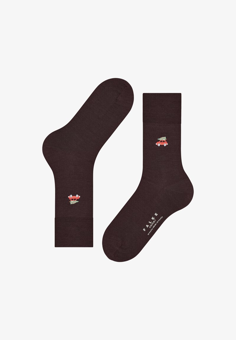 Braune Socken mit einer roten Auto- und Weihnachtsbaum-Stickerei. Hergestellt aus weichem Material, mit einem gerippten Bund und Logodetail an der Sohle.