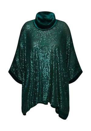 Poncho verde esmeralda con un alto cuello de seda; presenta un patrón de lentejuelas que crea un efecto texturizado y brillante; corte holgado y relajado.