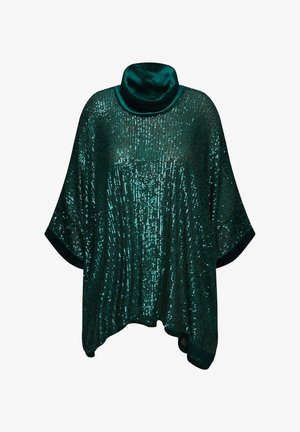 Smaragdgroene poncho met een hoge, zijdezachte kraag; beschikt over een sequins patroon dat een glinsterend, textuur effect creëert; losse, ontspannen pasvorm.