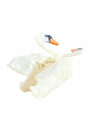 Zwei weiße Haarspangen in Schwanenform mit orangen Schnäbeln und schwarzen Augenmarkierungen, ausgestattet mit einem federbelasteten Verschlussmechanismus.