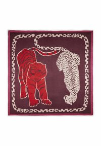 Zijden sjaal met een rode tijger en een witte luipaard op een donker bordeauxrode achtergrond, omrand met een luipaardprint rand.