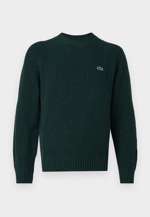 Maglione lavorato a maglia verde scuro con scollatura a girocollo, polsini e orlo a coste, con un piccolo logo ricamato sul lato sinistro del petto.