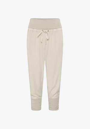 Hellbeige Casual-Hosen mit hohem elastischem Bund, Kordelzug und gerafften Bündchen an den Knöcheln für einen entspannten Sitz.