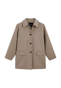 Beige wolmengsel jas met een kraag, een sluiting met knopen aan de voorkant, twee voorzakken en brede mouwen. Geprofileerde oppervlakte throughout.