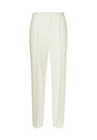 Witte, rechte broek met een elastische tailleband, voorzien van verticale plooien en een gladde textuur, ontworpen voor comfort en gemak.