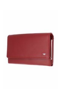 Portefeuille en cuir rouge avec fermeture à rabat, fermeture éclair argentée sur le côté et petit logo métallique en bas à droite à l'avant.