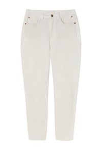 Pantalones de color crema claro con un corte ajustado, que incluyen dos bolsillos delanteros, un botón marrón en contraste y un diseño de pierna recta.